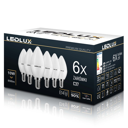 6x Żarówka LED E14 B35 10W = 90W 850lm 3000K LEDLUX