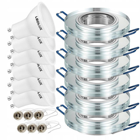 Zestaw 6x Oprawa Halogenowa Szklana LX- 7002 Lustrzana Okrągła + Żarówka GU10 1,5W biała neutralna LEDLUX