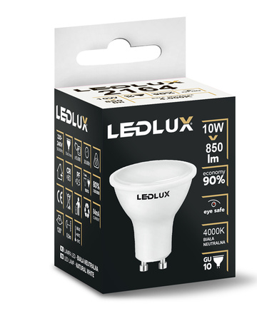 Żarówka LED GU10 10W = 90W 850lm 4000K biała neutralna LEDLUX