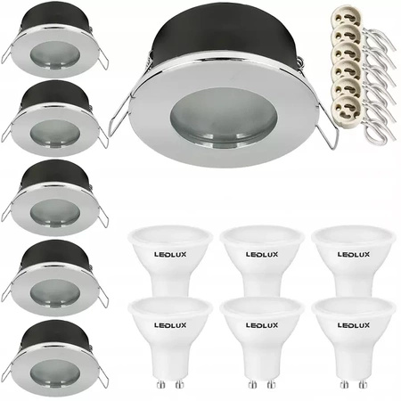 Zestaw 6x Oprawa Halogenowa Hermetyczna D-06 Chrom + 6x Żarówka GU10 1,5W biała neutralna LEDLUX