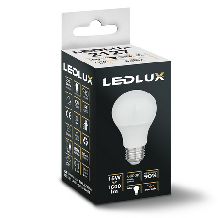 6x Żarówka LED E27 A60 15W = 120W 1600lm 6000K biała zimna LEDLUX