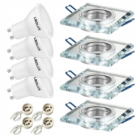 Zestaw 4x Oprawa Halogenowa Szklana LX-7005 Lustrzana Kwadratowa + Żarówka LED GU10 1,5W biała ciepła LEDLUX