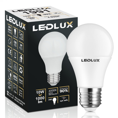 Żarówka LED E27 A60 10W = 100W 1000lm 4000K LEDLUX