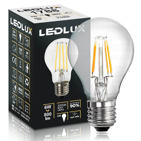 Żarówka LED E27 A60 6W = 50W 800lm 3000K biała ciepła LEDLUX