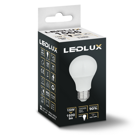 Żarówka LED E27 A60 15W = 120W 1600lm 3000K biała ciepła LEDLUX