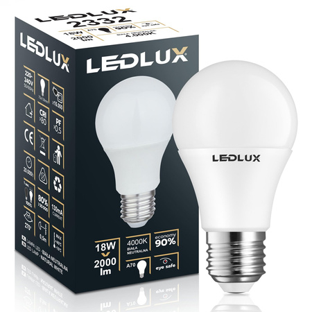 ŻARÓWKA LED E27 A65 18W = 120W 2000lm 4000K biała neutralna LEDLUX 