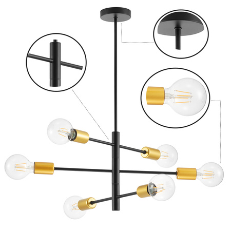 Lampa Sufitowa LX- 1416 Czarna + Złoto 6x E27 LEDLUX