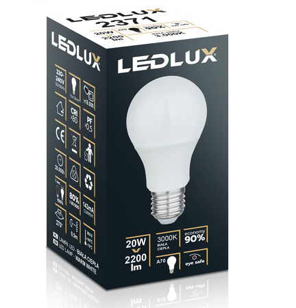 Żarówka LED E27 A65 20W = 150W 2200lm 3000K biała ciepła LEDLUX