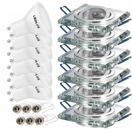 Zestaw 6x Oprawa Halogenowa Szklana LX-6002 Lustrzana Kwadratowa + Żarówki GU10 10W biała ciepła LEDLUX