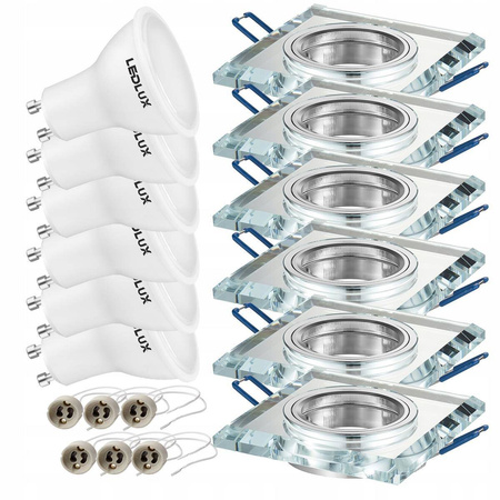 Zestaw 6x Oprawa Halogenowa Szklana LX-7005 Lustrzana Kwadratowa + Żarówka LED GU10 7,5W biała neutralna LEDLUX