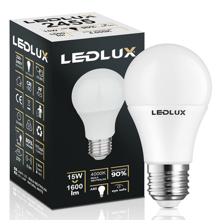 Żarówka LED E27 A60 15W = 120W 1600lm 4000K LEDLUX