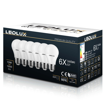 6x Żarówka LED E27 A60 15W = 120W 1600lm 3000K biała ciepła LEDLUX