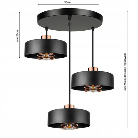 Lampa Wisząca LX- 1185 Czarna + Miedź 3x E27 LEDLUX