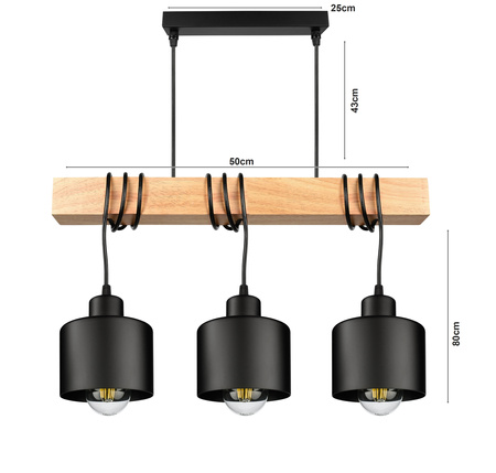 Lampa Wiszaca LX- 1367 Czarna + Drewno 3x E27 LEDLUX